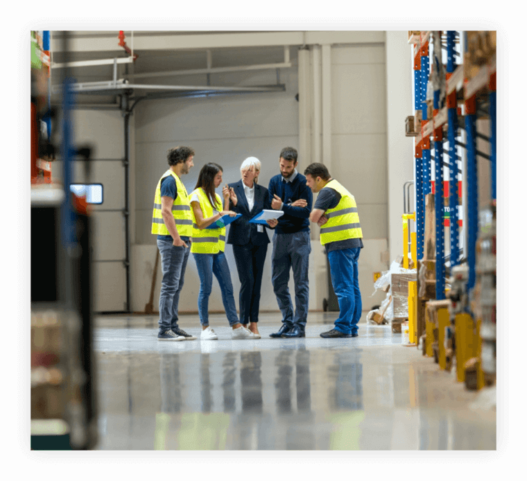 Safety Instructors huddled with factory workers on the factory floor